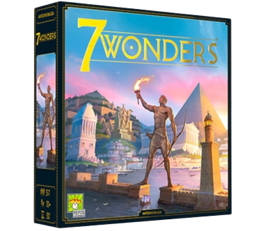 De doos van het bordspel 7 Wonders met afbeeldingen van de antieke wereldwonderen