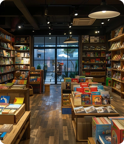 Het interieur van een moderne winkel met boeken en bordspellen in de schappen
