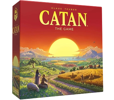 De doos van het bordspel Catan met een landschap van velden en een zonsondergang