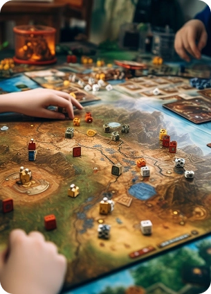 Een groep vrienden zit aan tafel en speelt een bordspel met fiches en kaarten