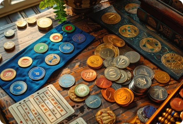 Fiches, munten en kaarten van een bordspel op tafel