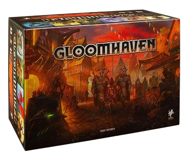 De doos van het bordspel Gloomhaven met een duistere fantasie-stad en personages