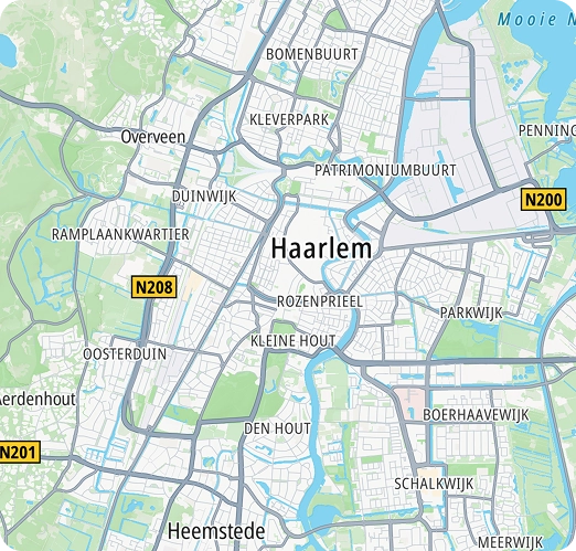 Google-kaart van de stad met wegen en straten in felle kleuren
